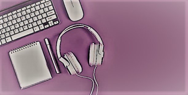 banner on very peri lavender purple lilac background, flat layout, home office, online training, webinars, seminars, blogging training